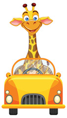Cartoon Giraffe Driving a Yellow Convertible Car