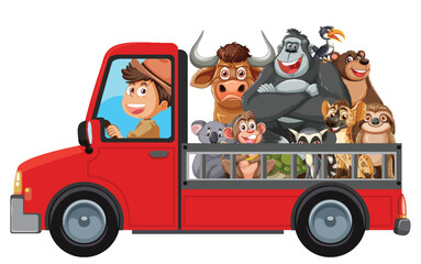 Zookeeper Driving Red Truck With Diverse Wild Animals