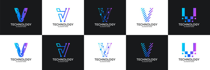 Set of initial letter V technology circuit connection digital data network logo design inspiration.