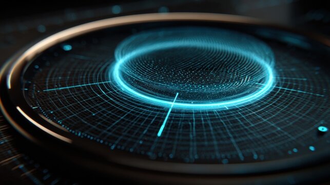 Futuristic Digital Interface with Circular Grid and Blue Light Visualization on Dark Background for Technology and Science Themes