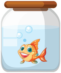 Smiling Cartoon Goldfish in Glass Fishbowl