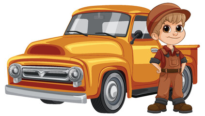 Young Boy Standing Proudly Beside Vintage Orange Pickup Truck