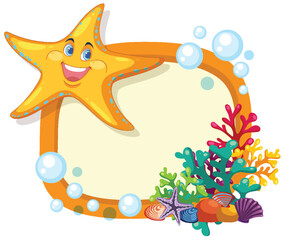Smiling Starfish with Coral Frame and Bubbles Underwater