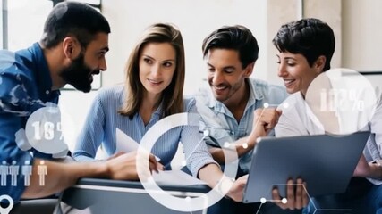 Diverse group collaborates, analyzing data on a laptop with data overlays, smiling and engaged - Powered by Adobe