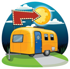 Yellow Camper Trailer at Night with Arrow Sign