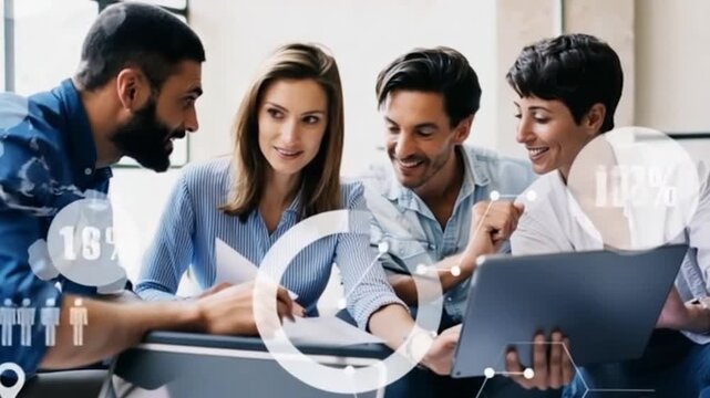 Diverse group collaborates, analyzing data on a laptop with data overlays, smiling and engaged - Powered by Adobe