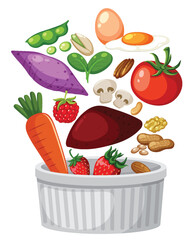 Assorted Healthy Foods Floating Above White Bowl Illustration