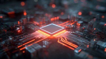 Close-Up View of a Modern Circuit Board with Vibrant Red and Blue Lighting Effects on Microchips and Connections