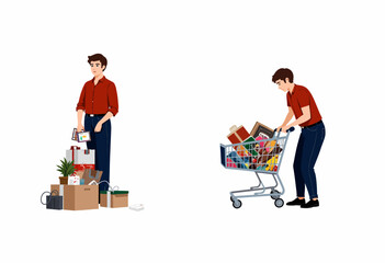 Illustration of a Person Managing Boxes and Pushing a Shopping Cart Filled with Various Items Depicting Organization and Shopping Activities