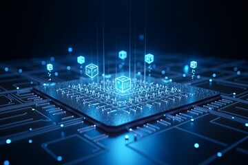 Future chip glowing blue, surrounded by data icons on circuit board, symbolizing advanced AI and digital connectivity.