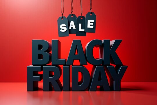 Black Friday sale sign hangs above bold letters against vibrant red background, festive shopping promotion.
