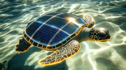 Robotic sea turtle, shell embedded with solar panels and sensors, gliding gracefully through sunlit shallow waters, conservation technology, gentle