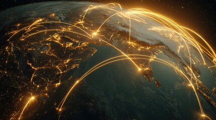 Global Network of Connections and Data Transmission Across Continents Represented by Light Trails Over Earth at Night