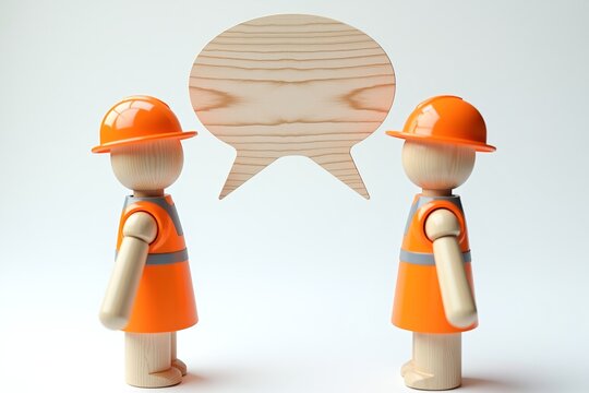 Two wooden construction workers in orange gear face each other, sharing a speech bubblesymbolizing teamwork and communication.