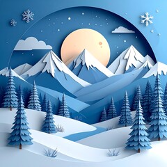 A layered papercraft scene of snow-capped mountains and evergreen trees under a starry winter night sky with a full moon