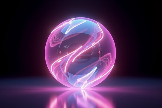 Neon-lit sphere glows vibrant purple and blue, swirling light trails inside. Reflective surface below enhances futuristic glow against dark background.