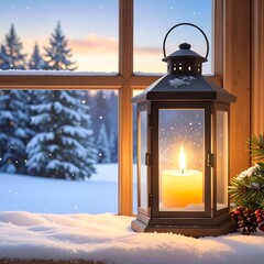 A lit candle lantern sits on a snowy windowsill, overlooking a snowy, evergreen forest at dusk. The warm glow contrasts with the cool, wintry scene
