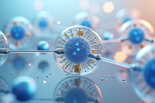 Blue virus particles under microscope, golden spikes protruding, scientific lab setting with reflective surfaces and bokeh background.