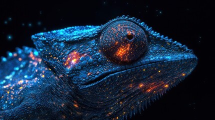 Chameleon, its skin shifting with patterns of a living, breathing galaxy, surreal cosmic skin texture, internal bioluminescence, isolated macro