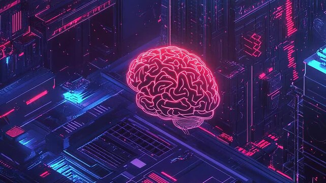 Glowing brain floating above futuristic digital circuit city