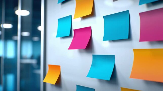Colorful Sticky Notes on an Office Wall with Blurred Background