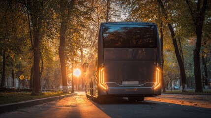Obraz premium Modern bus at sunset, surrounded by trees, showcasing sleek design and urban atmosphere in autumn landscape