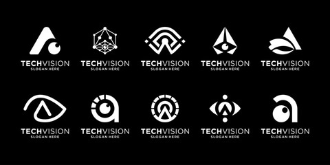 Set of vision eye tech logo design. Initial letter A isolated on black background. Geometric abstract logo icon vector.