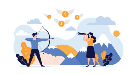 A man aims an arrow at flying money, and a woman uses a telescope, symbolizing strategic financial planning, investment, and wealth goals.