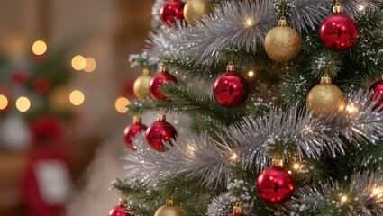Festive holiday Christmas tree decoration with sparkling red and gold bauble, silver tinsel, and warm glowing lights