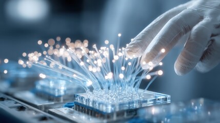 Close-Up View of a Scientist's Hand Interacting with Fiber Optic Wires in a Laboratory Setting
