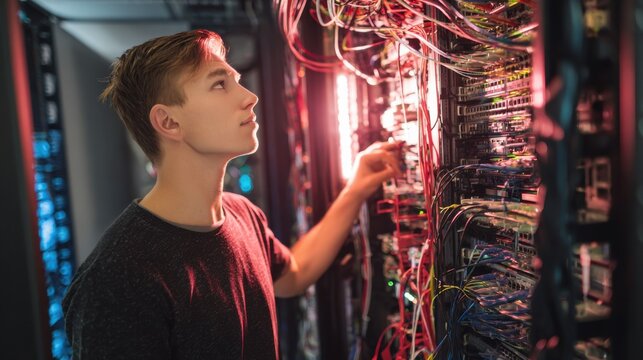 Young Technician Working with Computer Servers and Network Connections in a Data Center Environment