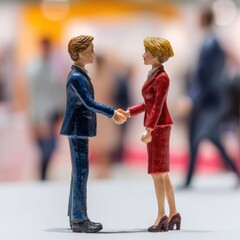 Two miniature figurines shake hands with warm confidence in a bright business setting. Their friendly gesture reflects a successful agreement and positive professional spirit.
