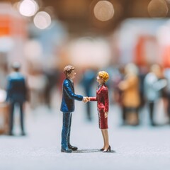 Two miniature figurines shake hands with warm confidence in a bright business setting. Their friendly gesture reflects a successful agreement and positive professional spirit.