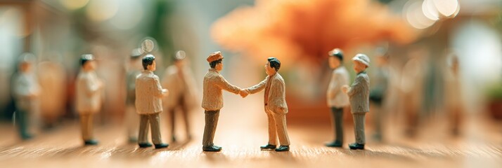 Two miniature figurines shake hands with warm confidence in a bright business setting. Their friendly gesture reflects a successful agreement and positive professional spirit.