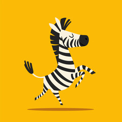Naklejka premium A cute zebra happily jumps on a yellow background. A flat vector illustration in a simple children's style. . Vector illustration