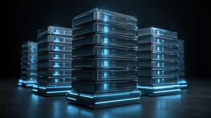 Futuristic Data Center Concept with High-Tech Server Racks Illuminated in a Dark Environment for Technology and Innovation Themes