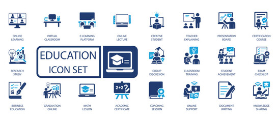 E-Learning and Education Icon Set: Online Classes, Virtual Classroom, Graduation, Training, and Knowledge Sharing. Perfect for Websites and Apps. © FlatCore Studio