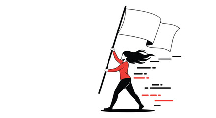A strong, determined woman with flowing hair strides forward, holding a large white flag, symbolizing leadership, freedom, and the march towards progress.