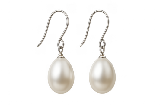White pearl drop earrings dangling with silver hooks