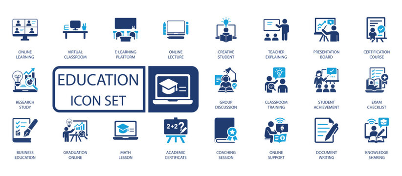 E-Learning and Education Icon Set: Online Classes, Virtual Classroom, Graduation, Training, and Knowledge Sharing. Perfect for Websites and Apps.