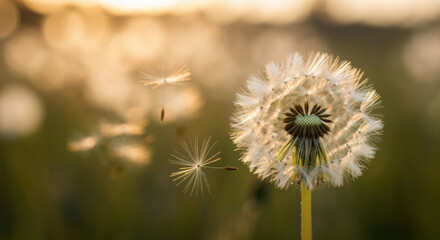 Hopeful dandelion seed blowing in wind during calm golden hour. Delicate flower spreading in nature breeze
