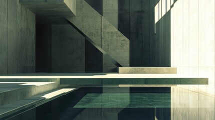 Abstract geometric facade of a contemporary art museum, interplay of light and shadow, polished metallic surfaces, eye-level perspective