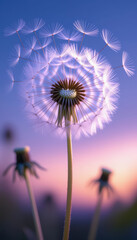Dreamlike dandelion clock disperses seed into purple twilight sky. hopeful and fragile moment of freedom in wind