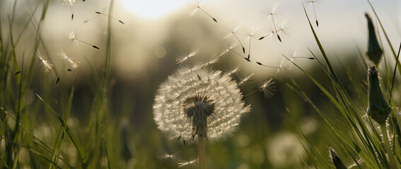 Serene white dandelion seed blowing in wind during golden hour sunlight creating feeling of hope and freedom
