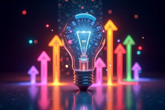 Neon lightbulb glowing with colorful upward arrows, symbolizing innovation and growth against a dark background.
