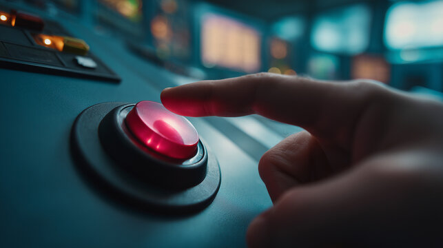 Close-up finger pressing a red emergency control button on industrial panel, symbolizing decision making, safety protocol, alert system, urgent action and high-risk environment