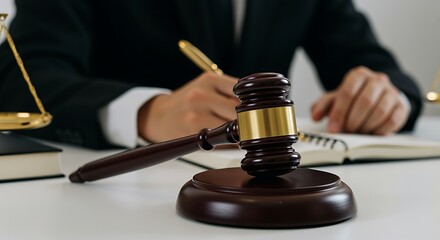 Judge Gavel on Desk in Courtroom Setting with Lawyer