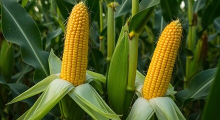 Fresh Yellow Corn Ears in Green Leaves