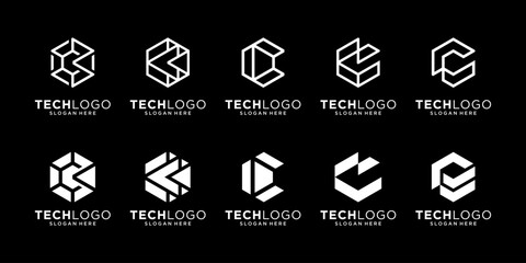 Set of letter C hexagon logo design inspiration, Geometric abstract logo icon vector isolated on black background.