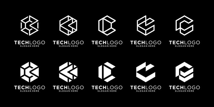 Set of letter C hexagon logo design inspiration, Geometric abstract logo icon vector isolated on black background. - Powered by Adobe